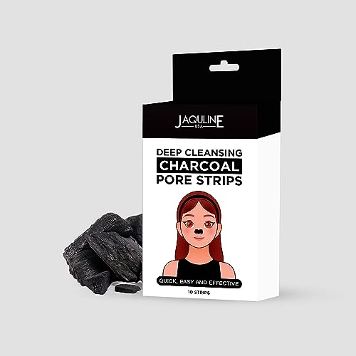 Image of JAQULINE USA Charcoal Nose Pore Strips | Deep Cleansing Nose Strips for Blackhead & Whitehead Removal | Infused with Bamboo Charcoal & Aloe Vera | Unclogs Pores & Removes Oil & Dead Skin - 10 Strips