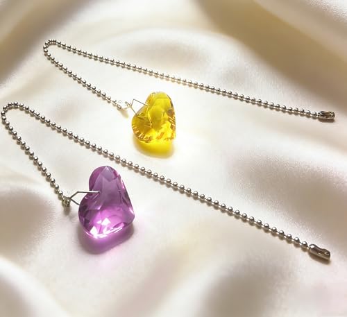 Image of 2Pcs Crystal Ceiling Fan Pull Chain Extender with Connector, 12 inch | K9 Crystal Glass, Not Acrylic, Heart Prism, Cut-To-Length Adjustable, Snap-On Connector For Fan, Light, Lamp (Yellow+Purple)