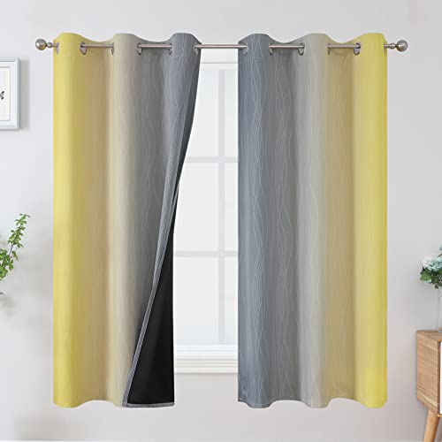 Ombre Gray and Yellow Blackout Curtains 63 Inch Length 2 panels, Full Room Darkening Curtains for Kids Room, Grommet Thermal Insulated Gradient Drapes, Light Blocking Curtains for Bedroom, 42x63 Inch