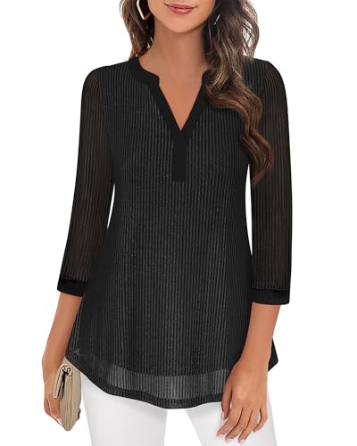Image of Timeson Women's Short Sleeve V Neck Blouses Shirts Floral Double Layers Mesh Tunics Tops