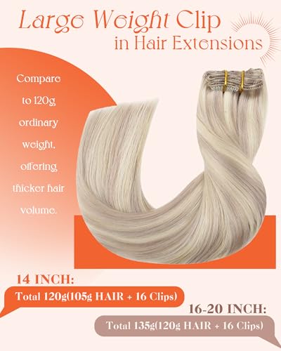 Image of Sunny Hair Clip in Hair Extensions Real Human Hair Blonde Highlights 120g | 14 Inch Remy Hair Extensions Clip in for Fine Hair Blonde Highlights, Natural Looking, Adds Volume for College Graduation