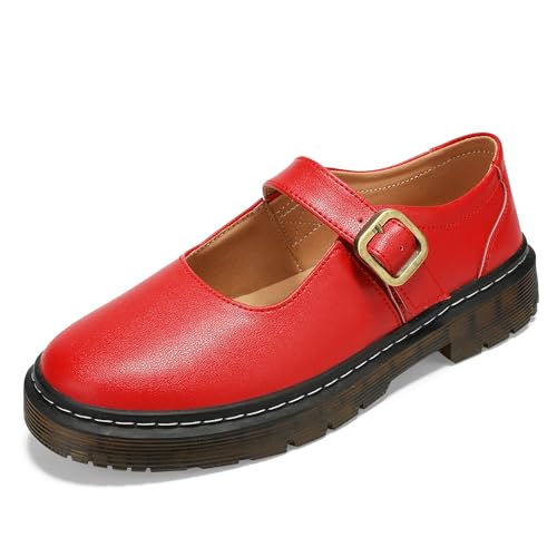 Image of Women's Mary Jane Flat Shoes Comfort Platform Buckle Ankle Strap Flats Breathable Slip On Lightweight Office Work Shoes Red,8 US