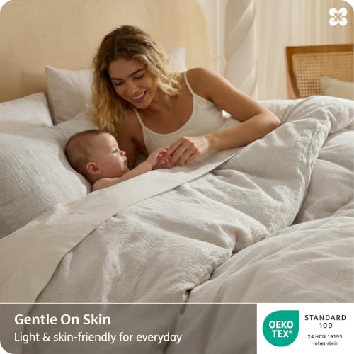 Image of Bedsure 100% Muslin Cotton Duvet Cover Queen Size - Ultra-Soft Gauze Duvet Cover, PureWoven Breathable & Lightweight Bedding Set with Zipper Closure and Corner Ties (Linen, Queen, 90 inchx90 inch)
