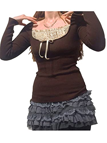 Women's Long Sleeve Knitted Y2K Tops Lace Patchwork Tees Teen Girls Vintage Slim Blouse Fall Clothes2
