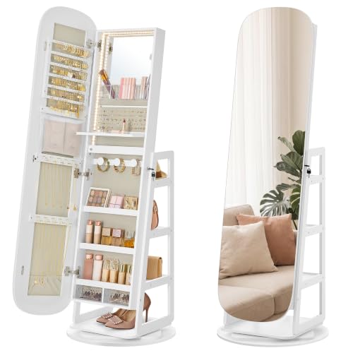 Image of SONGMICS HOME 360 Swivel Jewelry Cabinet Standing, Mirror with Storage