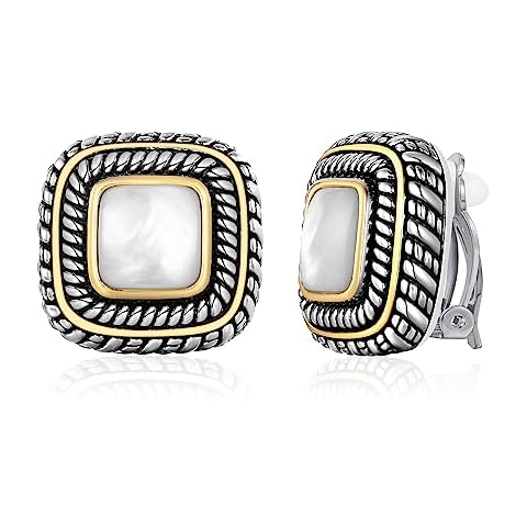 LILIE&WHITE Imitation Mother of Pearl Clip on Earrings Two Tone Square Earrings For Women Sea Shell Boho Earrings with Textured Braided Ear Clips Cover