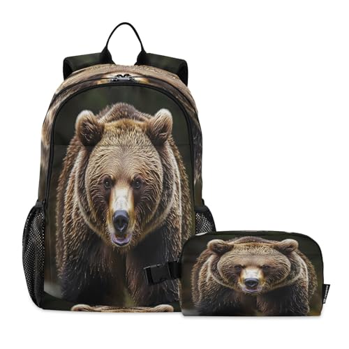 ALAZA Bear Portrait Animal Kids Backpack Elementary Girls Boys Bookbag Rucksack Primary School Bag Backpack Set with Lunch Bag