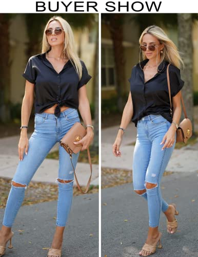 Chigant Silk Button Down Shirts For Women Short Sleeve V-Neck Satin Blouse Black Medium #TOP4