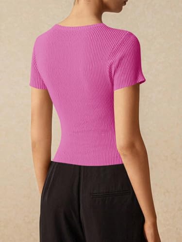 Image of Imily Bela Womens Short Sleeve Sweater Tops Summer Button Down Casual Ribbed Knit Slim Fit Cropped Cardigan Shirts