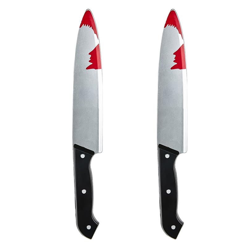 UltraByEasyPeasyStore Ultra Halloween Bloodied Fake Cleaver Fancy Dress Accessory 30cm Long Slasher Prop Knife with Fake Blood Chopping Plastic Novelty (2 Black Knives)