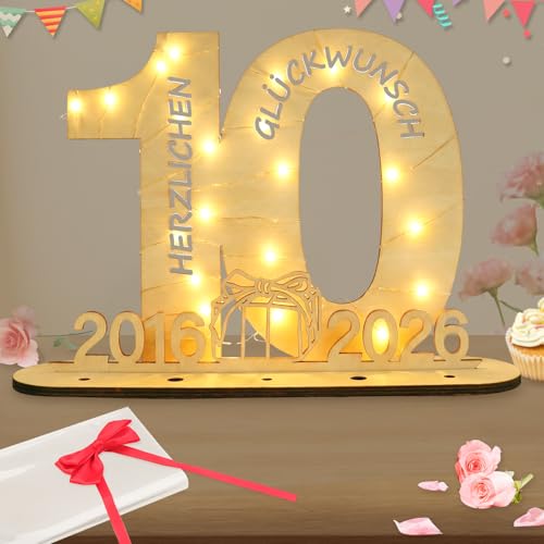 Seutgjie Deko 10. Geburtstag Mädchen Junge 2016-2026 10 Jahre Jubiläum Rosenhochzeit Holz Schild Gästebuch Geldgeschenke Geburtstag 10 mit LED Lichterkette Geschenkpapier