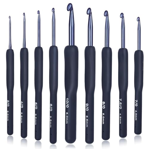 Image of Modiq 9 Pcs Ergonomic Crochet Hook Set, Dark Blue Aluminium Crochet Hooks Set, Crochet Kit with Soft Grip Handles, Sizes from 2.0Mm to 6.5Mm, Suitable for Different Skill Levels