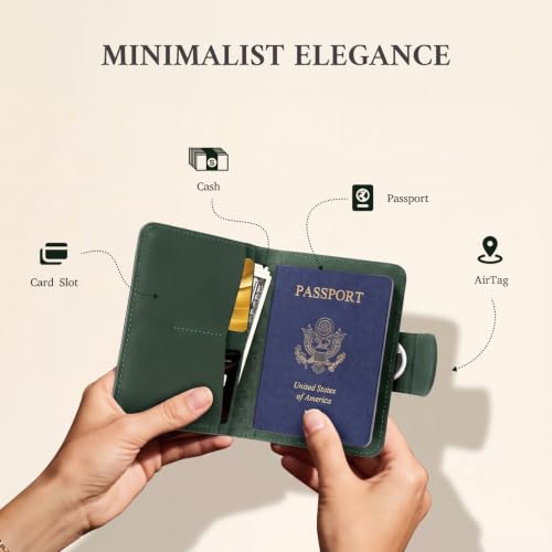 Image of ALLIVE Passport Holder for Travel, Genuine Leather Passport Holder with AirTag Hidden, Rfid Passport Cover Travel Wallet for Airport Essentials, Travel Must Haves Gifts (Forest Green)