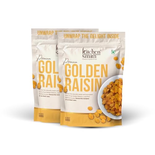 Image of KitchenSmith Golden Raisin Seedless - Pack of 2 (500gm Each) | Dakh, Indian Kishmish, Raisins | Premium Long Raisins & Naturally Sourced Dry Fruits