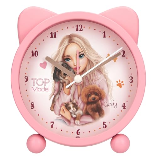 Depesche 13868 TOPModel Fur Ever Friends: Despertador Rosa para niños, con Motivos de Modelos, Perros y Gatos, Reloj silencioso con función de luz, batería incluida