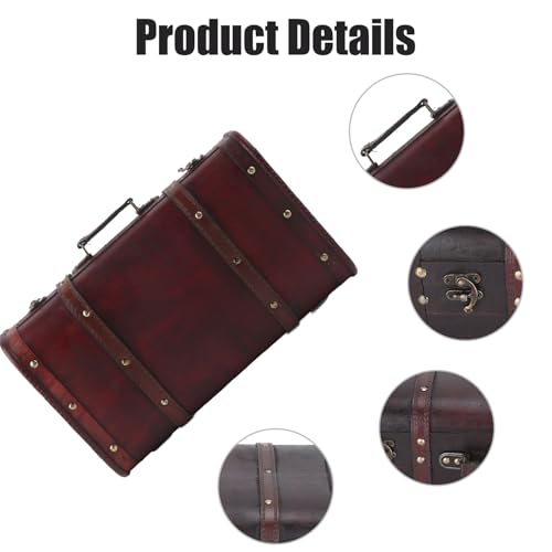 Image of Vintage Wooden Treasure Chest - Antique Decorative Storage Box for Jewelry, Books & Collectibles, Handmade Pirate-Style Suitcase with Leather Handle, 14.9 x 9 x 5.3 Inches