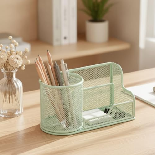 Image of Multipurpose Iron Mesh Desktop Organizer Stable Base Desktop Organizer with Cylindrical Holder Open-Access Multi-Compartment Mesh Pen Holder Space-Saving for Home Office, Vanity, Craft Area, Pink