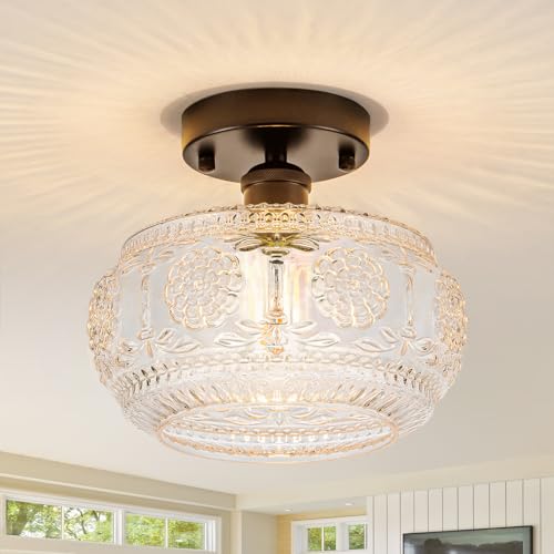Tbaoinla Semi Flush Mount Ceiling Light Fixture - Black Metal Base & Floral Glass Shade Modern Vintage Lighting for Entryway Bathroom Kitchen Bedroom (Bulb Not Included)