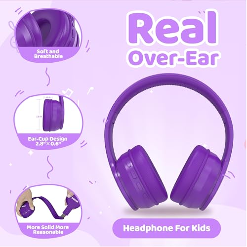 Image of MIDOLA Kids Headphones Bluetooth 5.4 Wireless 68H Play Time Volume Limit 85 /94dB Over-Ear Foldable Headset,Type-C Fast Charging, Wired Aux Mic for Toddler Child Pad Tablet Purple