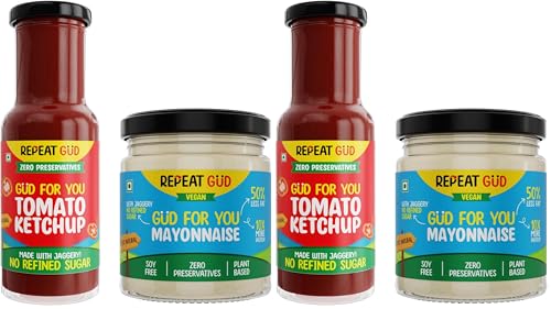 Image of REPEAT GUD Healthy Sauces (Tomato Ketchup, Mayonnaise) | No Refined Sugar, Made With Jaggery | No preservatives | GUD For Kids | 100% Natural Ingredients & Chemical free (Pack of 4)