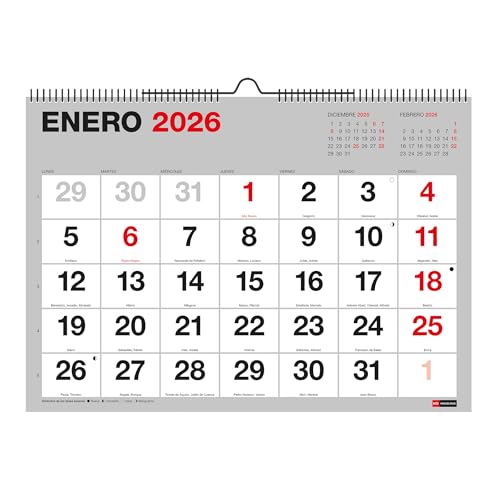 Miquelrius - Calendario 2026 de pared Basic, Con números grandes, Organizador anual A3: 420 x 296 mm, Con espacio para anotar, Encuadernación espiral doble, Planificador 12 meses, Español Miquelrius - Calendario 2026 de pared Basic, Con números grandes, Organizador anual A3: 420 x 296 mm, Con espacio para anotar, Encuadernación espiral doble, Planificador 12 meses, Español