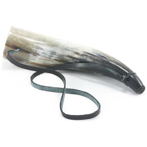 Ox Horn Bugle with Leather Strap | Viking War Blowing Horn | Battle Sounding Horn Trumpet | 10 inches | Dark Polished Blowing Horn Bugle | Trumpet style Hunting Horn | Perfect for Re-Enactment Cover