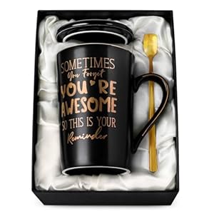 Birthday Thank You Gifts for Men, Sometimes You Forget You’re Awesome – 14oz Unique Black Ceramic Inspirational Coffee Mug with Gold Print, Christmas Presents for Friends Husband Employee, Gift Boxed