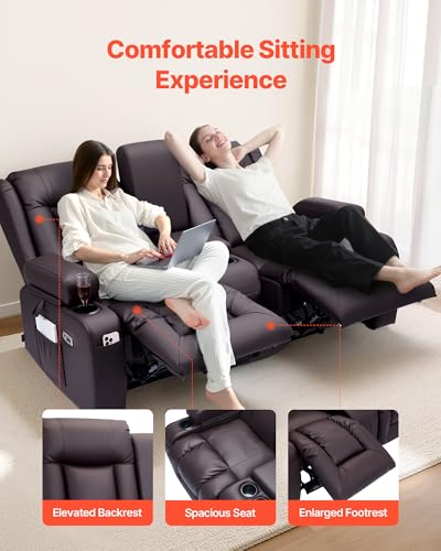 Image of VEVOR Loveseat Recliner Sofa with Massage & Heat, Power Reclining Couch with Console, PU Leather Electric RV Sofa with USB & Outlet /Storage /Cup Holders /Pockets, Home Theater Seating for Living Room