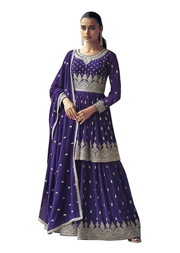 TRENDMALLS Conjunto de traje de mujer Georgette bordado Kurta Sharara con Dupatta Salwar, Morado (, L