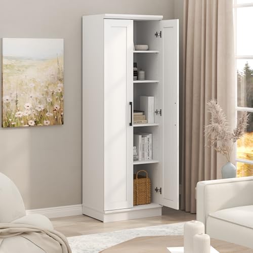 Image of Furinno Robin Storage Cabinet, 5-Tier Pantry Cabinet with Adjustable Shelves, 23W with 2 Shaker-Doors, Kitchen Cabinet, Organization and Storage, for Pantry, Living Room, Home Office, White