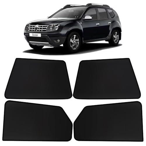 Image of OTO2EYE Car Sun Shade Compatible for Renault Duster Model-2015-2022, Z-Black Fix Type Side Window Curtains, Only Half Cut in Front Window, 6 Pieces Set