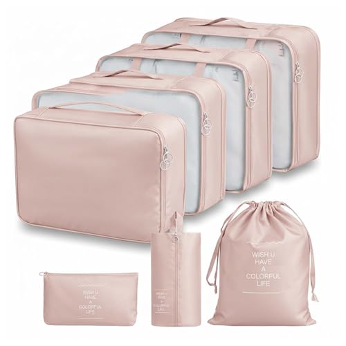 Image of BRAND VILLA 7 Pcs Travel Organizer Set Packing Cubes Luggage Organizer Bags with Shoe Bag, Laundry Pouch & Toiletry Bag for Clothes, Shoes, Accessories, Lightweight Travel Storage for Suitcase (Pink)