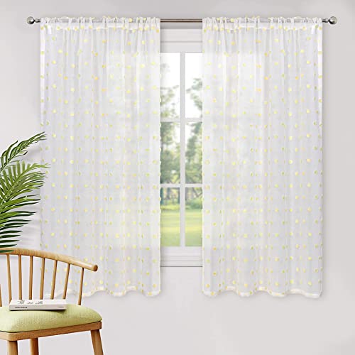 Image of MYSKY HOME Short Yellow Pom Pom Sheer Curtains for Bedroom 45 Inch 2 Pieces | Small Window Curtains, Light Filtering, for Living Room Kitchen Nursery, Yellow Cafe Panels, Rod Pocket, 50 x 45 in