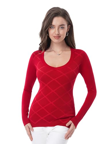 AmélieBoutik Women Crew Neck Knit Front Plaid Long Sleeve Slim Fit Sweater Top3