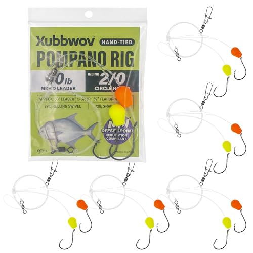 Xubbwov Pompano Surf Saltwater Fishing Rig 6-Pack | Hand-Tied with 40lb Mono Leader & 2/0 Inline Circle Hooks | Heavy Duty 2-Drop HI-LO Rig for Redfish (Yellow-Orange 2/0 Circle Hook)