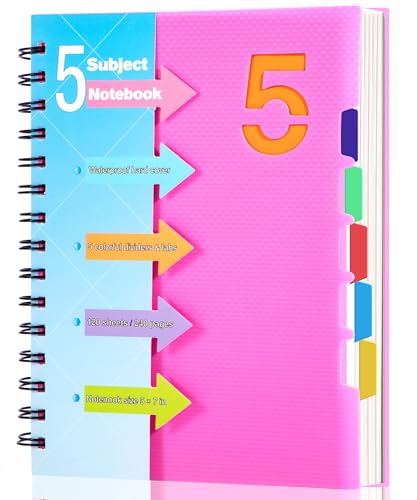 CAGIE 5 Subject Notebook, A5 Small Spiral Notebook with Removable Pocket Dividers Tabs, 240 Pages Spiral Note Book College Ruled for School Work Note taking, 6.1 * 8.27 in, Pink