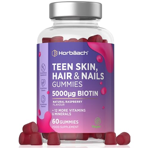 Hair Skin Nail Gummies for Teens | 60 Count | Raspberry Flavour | 5000ug of Biotin for Hair Growth | with Folic Acid, Inositol, Choline & More | Suitable for Vegans | by Horbaach