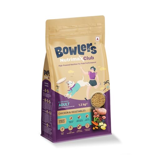 Bowlers Nutrimax Club Adult Dry Dog Food | Chicken & Vegetables | 1.2 Kg |100% Grain Free | 40% Reduction in Cell Damage | Reduced Risk of Diabetes | 3X Reduction in Stool Odour
