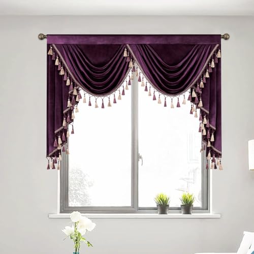 VOGOL Vintage Style Waterfall Valances, Luxury Dark Purple Velvet Valances