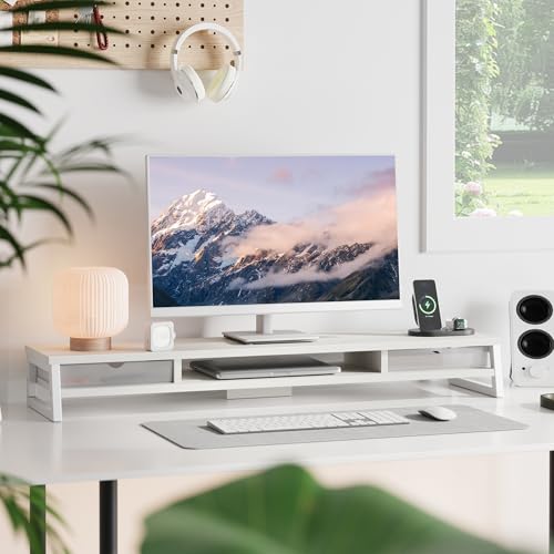 Image of Fenge Dual Monitor Stand, Monitor Riser with Drawer, 42.5 Inch Large Computer Monitor Stand for 2 Monitors, 2 Tier Wooden Desk Shelf for Top of Desk