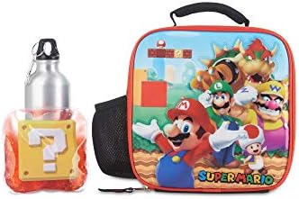 AI ACCESSORY INNOVATIONS Super Mario Bros Lunch Box Set for Boys & Girls, Stainless Steel Water Bottle with Carabiner Clip and Ice Pack, Insulated & Waterproof Lunch Bag with Zipper, 4 Pieces