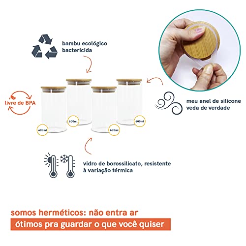 Kit 4 Potes De Vidro p/Mantimentos 600ml c/Tampa Bambu