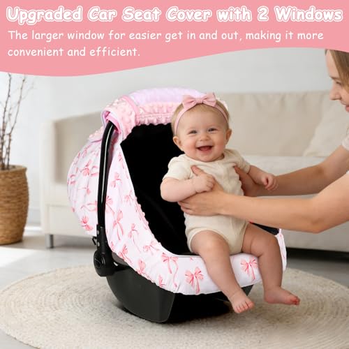 Image of Baby Car Seat Cover with Mesh Window, Windproof Carseat Cover for Infant Girls, Infant Carseat Canopy with with Dual Zipper, Compatible with Most Baby Car Seat, Pink Bow