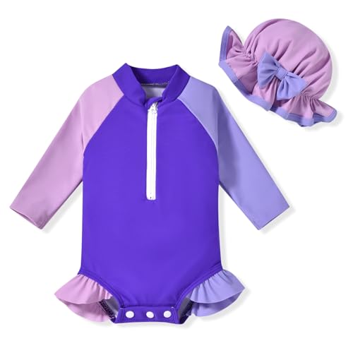 Image of Aalizzwell Baby Girls Long Sleeve One Piece Swimsuit with Hat