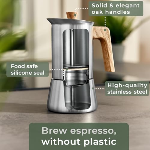 Image of WALDWERK Stainless Steel Moka Pot (10oz) - Toxic Free Moka Pot with Oak Wood Handle - Stovetop Espresso Maker - Italian Coffee Maker for Stovetop and Induction