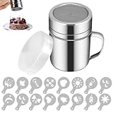 Chocolate Shaker - 200ML Powder Sifter, Stainless Steel Duster Mesh Can, Sugar Salt Shaker, Coffee Sprinkle, Powder Can Set with 16 Coffee Molds for Cake Decorating, Baking, Cappuccino, Cocoa