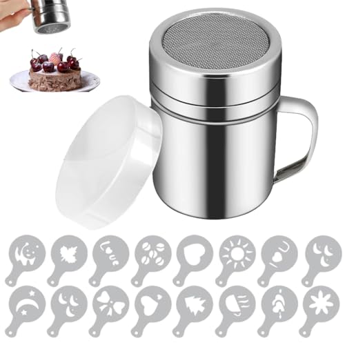 Chocolate Shaker - 200ML Powder Sifter, Stainless Steel Duster Mesh Can, Sugar Salt Shaker, Coffee Sprinkle, Powder Can Set with 16 Coffee Molds for Cake Decorating, Baking, Cappuccino, Cocoa