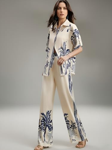 Image of NAINVISH Women's Rayon Co-Ord Set | Printed Shirt and Pant Set for Women | Casual Two Piece Lounge Outfit | Western Outfit