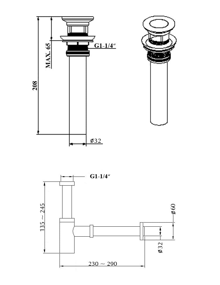 StoneArt Design Siphon Ablaufgarnitur mit Überlauf Abfluss Ventil Geruchsverschluss mit Reinigungsöffnung Röhrengeruchsverschluss höhenverstellbar PX06P