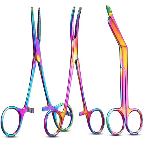 Image of BBTO Hemostat Curved and Straight Hemostat Forceps Piercing Pliers Forceps, Stainless Steel Straight and Curved Pliers, Fishing Tweezer(Colorful,3 Pcs)